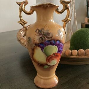 Lefton Ornate Fruit Design Vase with Gold Handles
